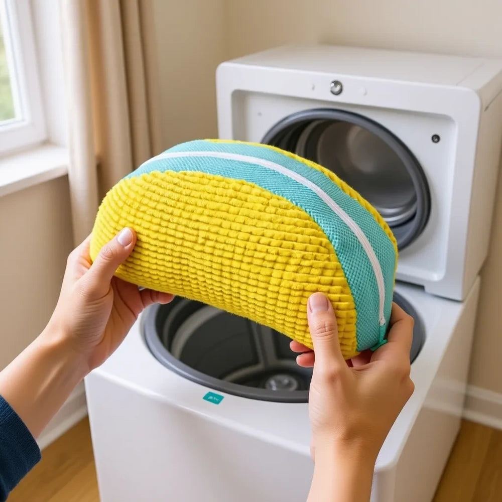 Sac de lavage chaussures LAVÉO jaune tenu devant un lave-linge Image