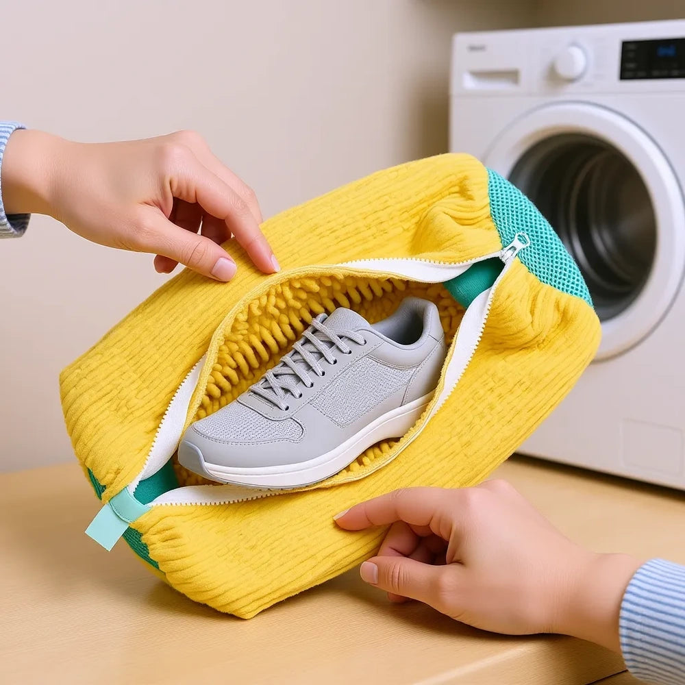 Chaussure grise placée dans le sac de lavage LAVÉO jaune Image