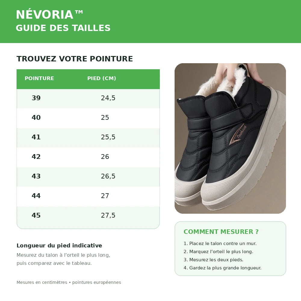 Guide des tailles NÉVORIA du 39 au 45 avec longueurs du pied en centimètres Image