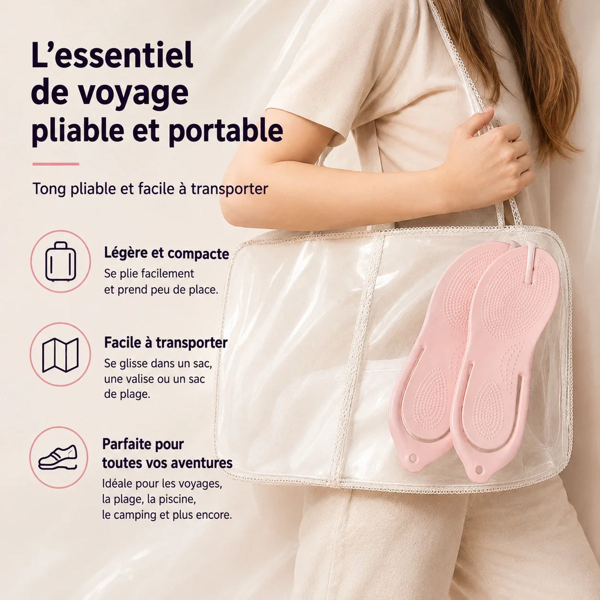NOMADYS tong pliable rose facile à transporter en voyage