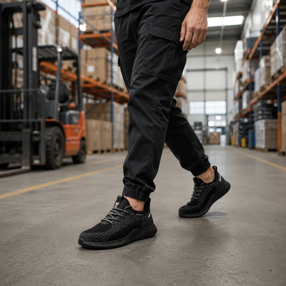 AERISAFE chaussure de sécurité homme légère noire portée dans un entrepôt Image