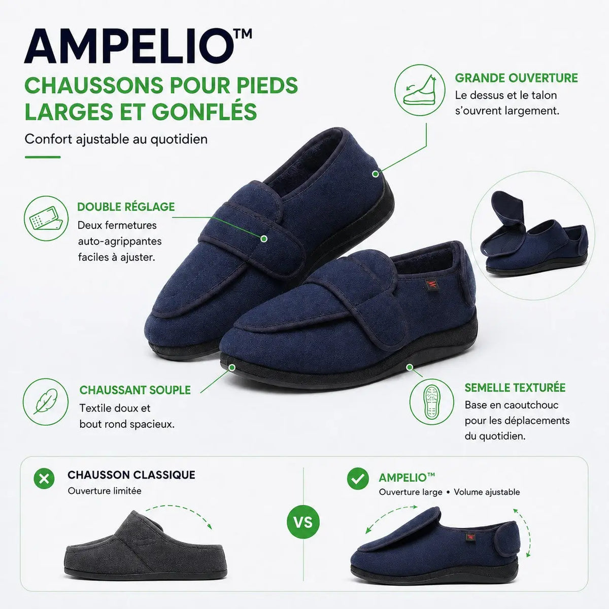 AMPELIO™ chaussons pour pieds larges et gonflés – grande ouverture, double réglage et chaussant souple