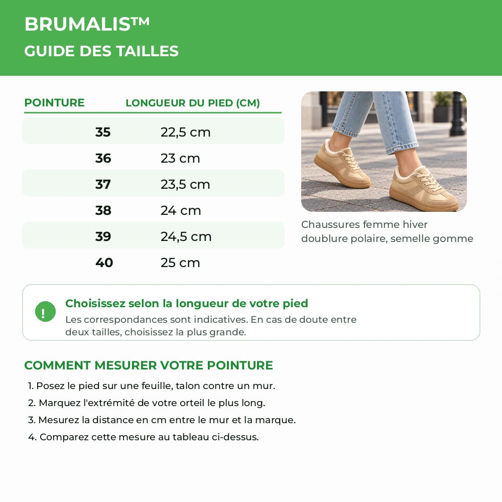 Guide des tailles BRUMALIS du 35 au 40 avec longueur indicative du pied en centimètres Image