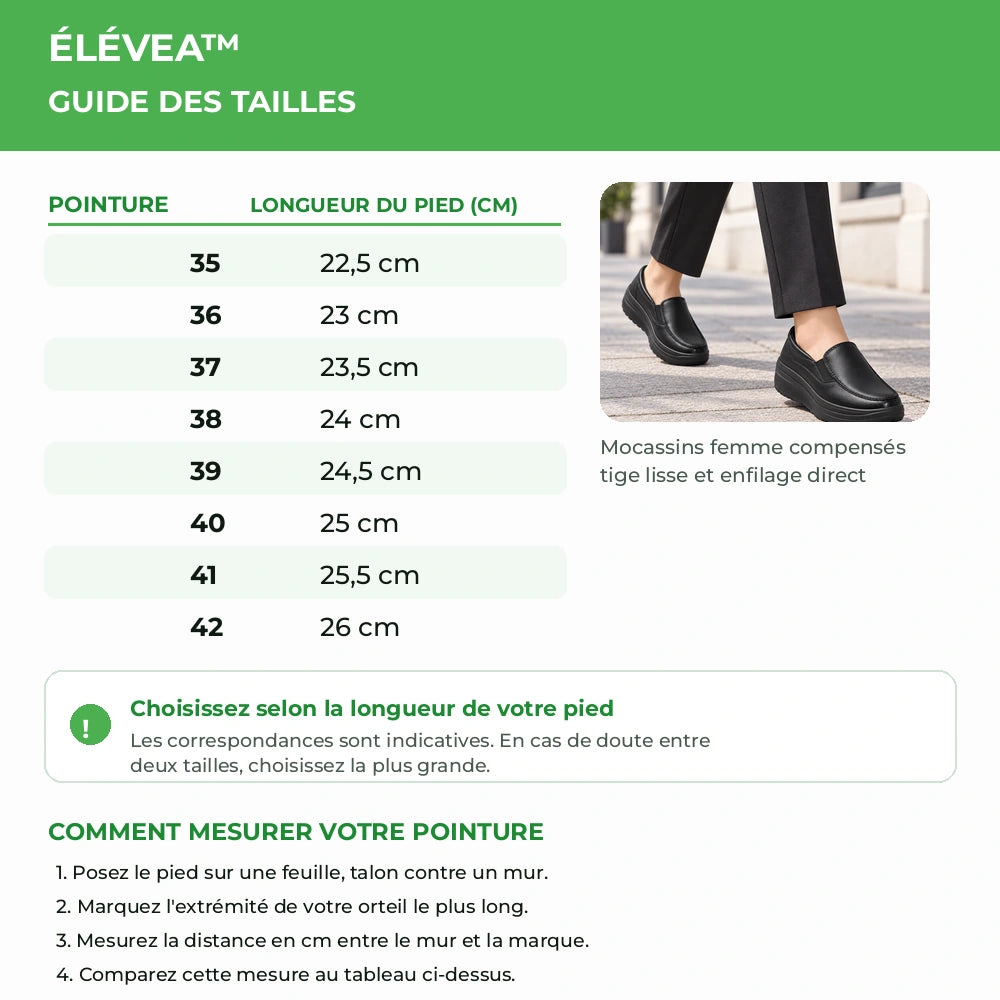 Guide des tailles ÉLÉVEA™ du 35 au 42 avec longueur indicative du pied en centimètres Image
