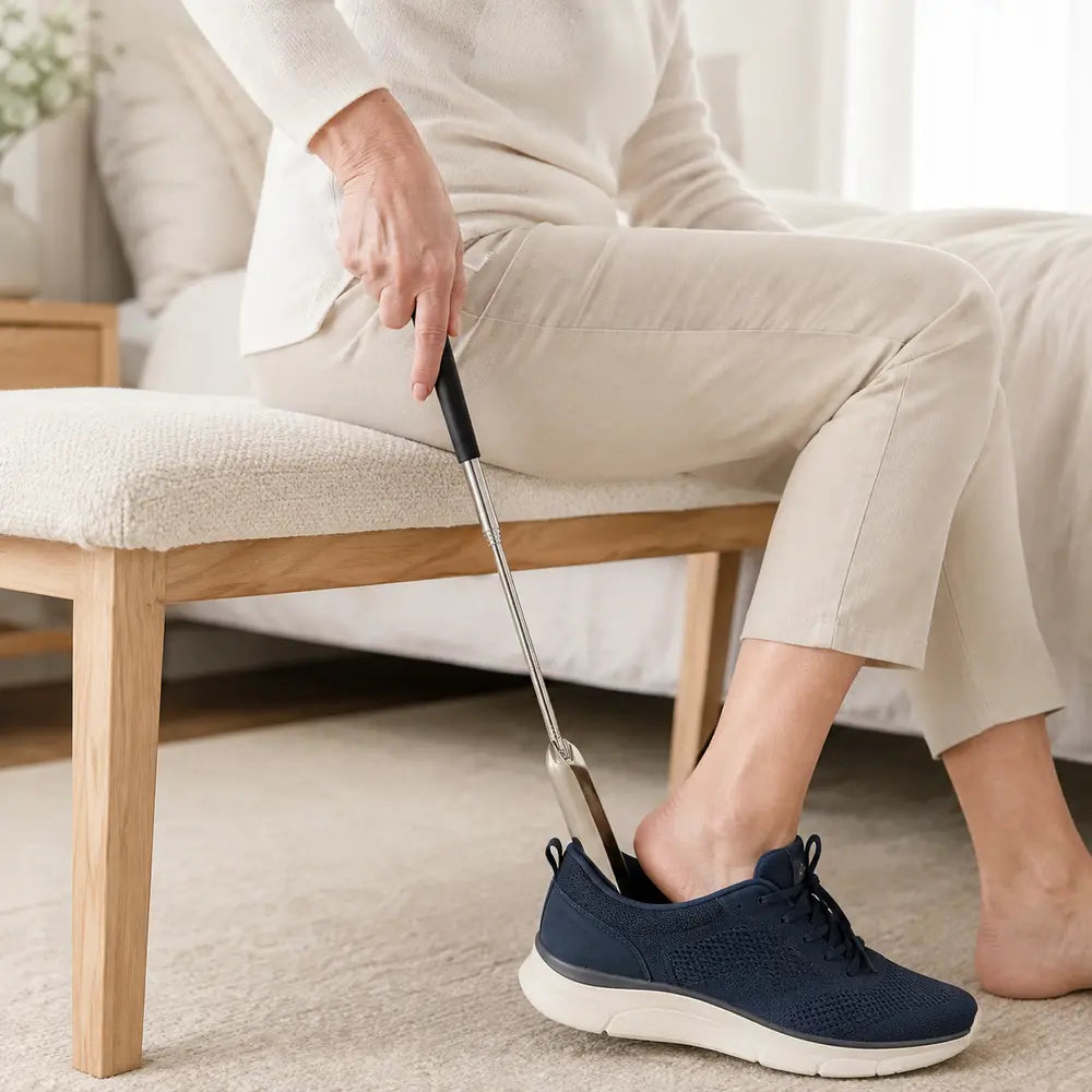 EXTENSIO utilisé avec une chaussure de confort bleue en position assise Image
