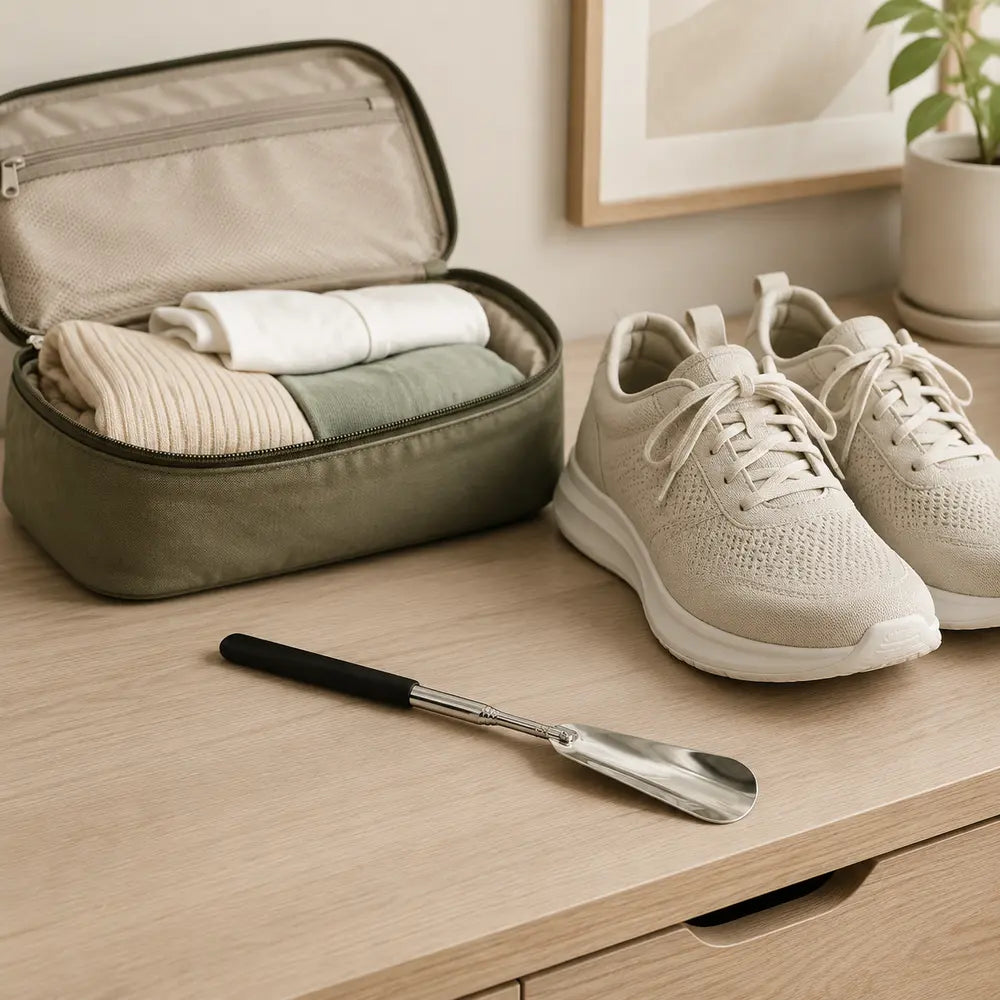 Chausse-pied télescopique EXTENSIO rétracté près de chaussures et d’un sac de voyage Image