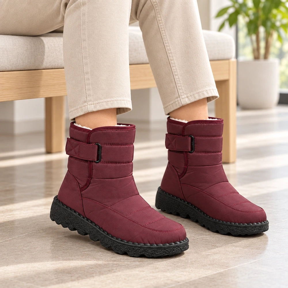 Bottes FRIMORA bordeaux portées, vue sur la sangle, le col fourré et la semelle crantée Image