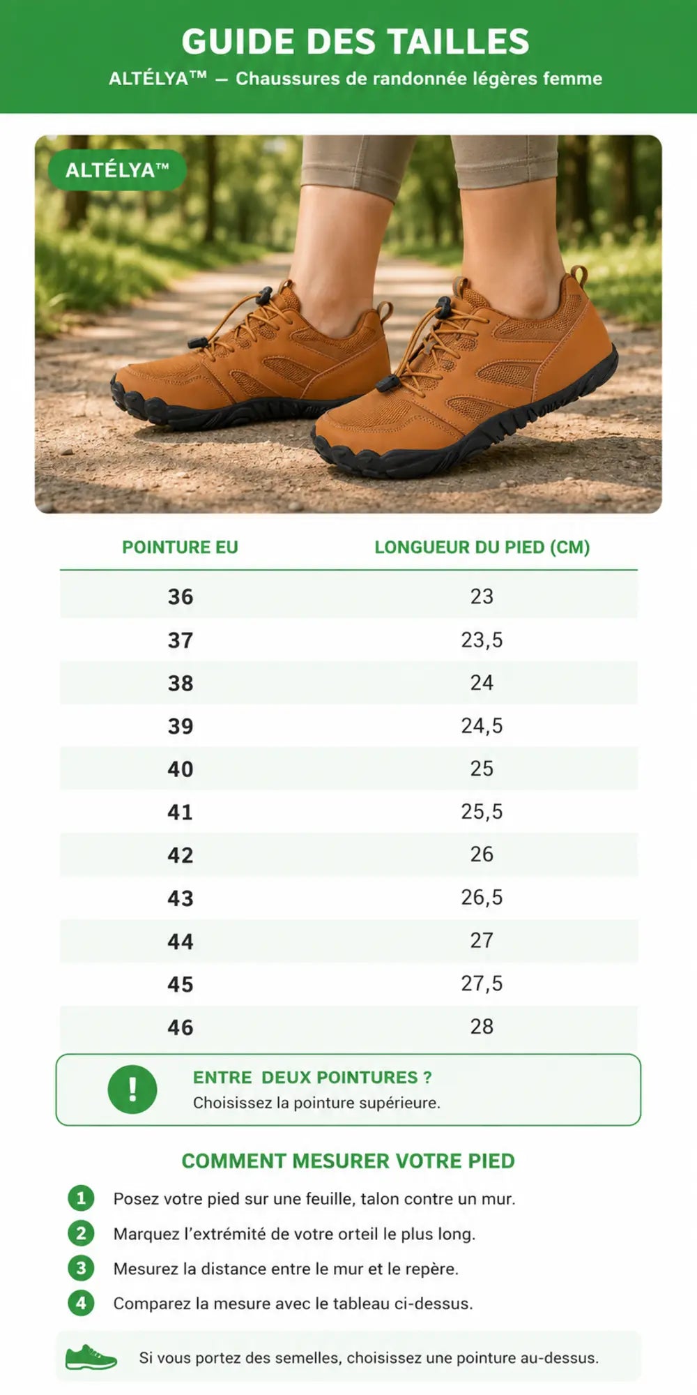 Guide des tailles ALTÉLYA™ du 36 au 46 avec longueurs du pied en centimètres Image