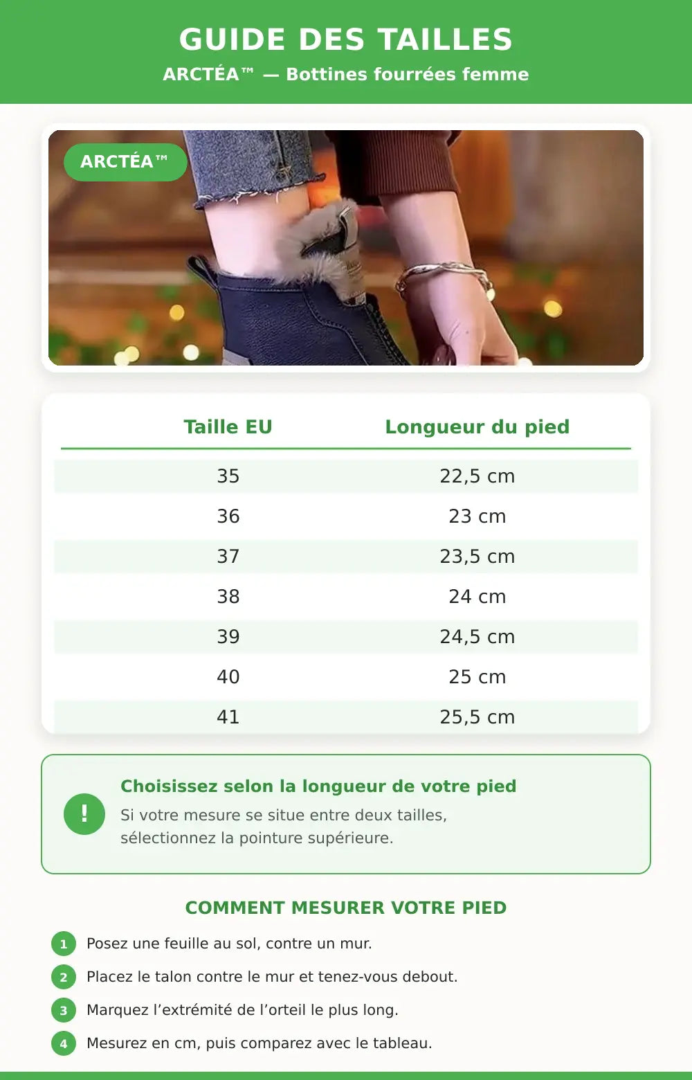 Guide des tailles ARCTÉA – correspondance pointures EU et longueur du pied Image