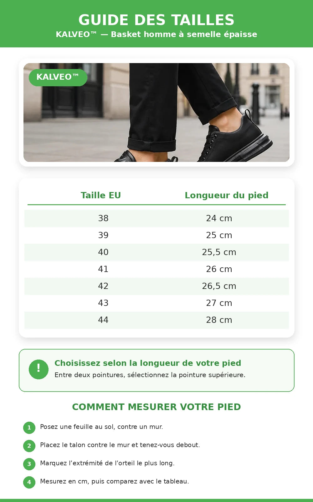 Guide des tailles KALVEO basket homme à semelle épaisse Image