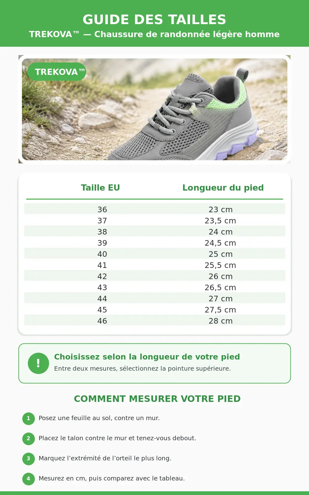 Guide des tailles TREKOVA™ du 36 au 46 avec longueurs de pied de 23 à 28 cm. Image