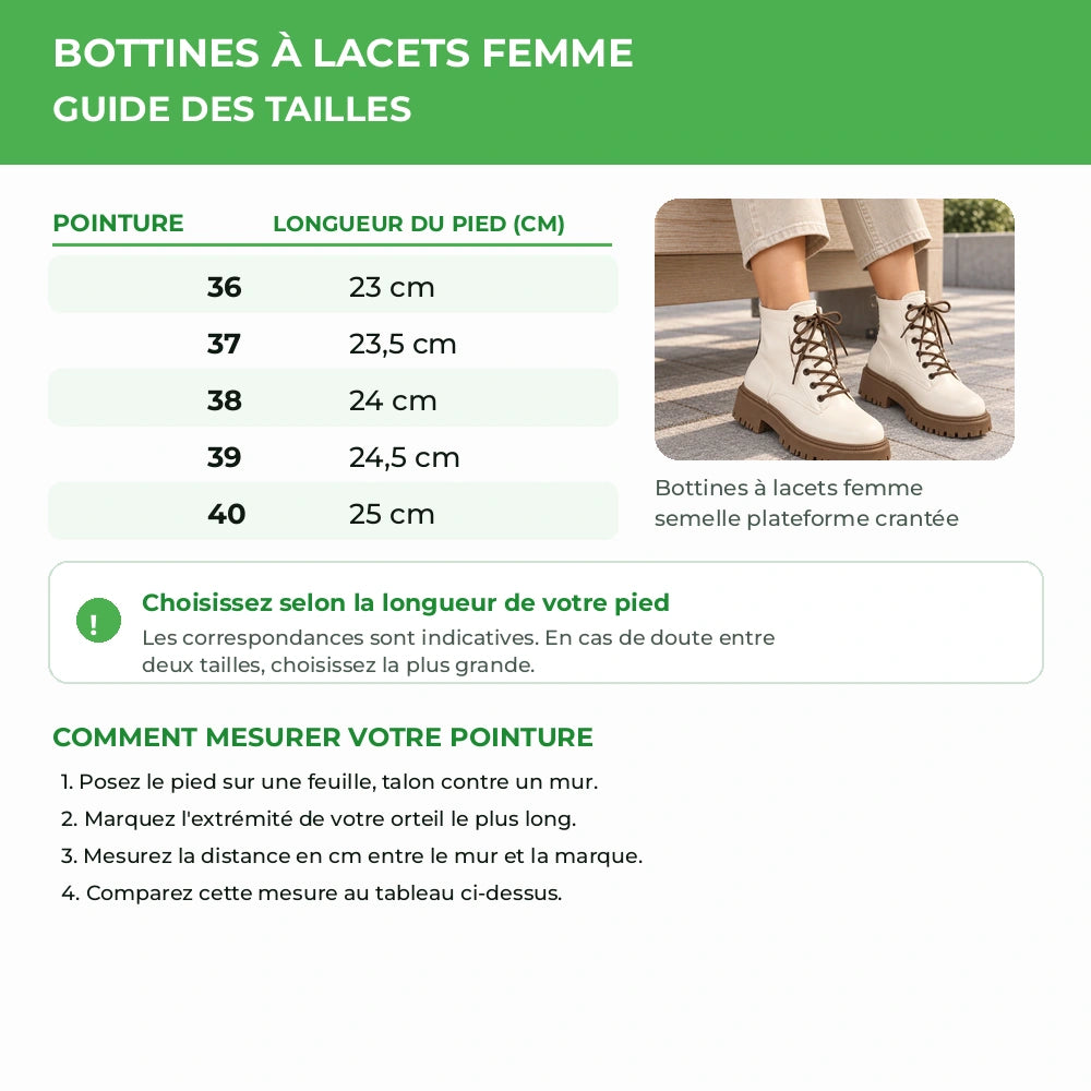 Guide des tailles KAIRYSA du 36 au 40 avec longueur indicative du pied en centimètres Image