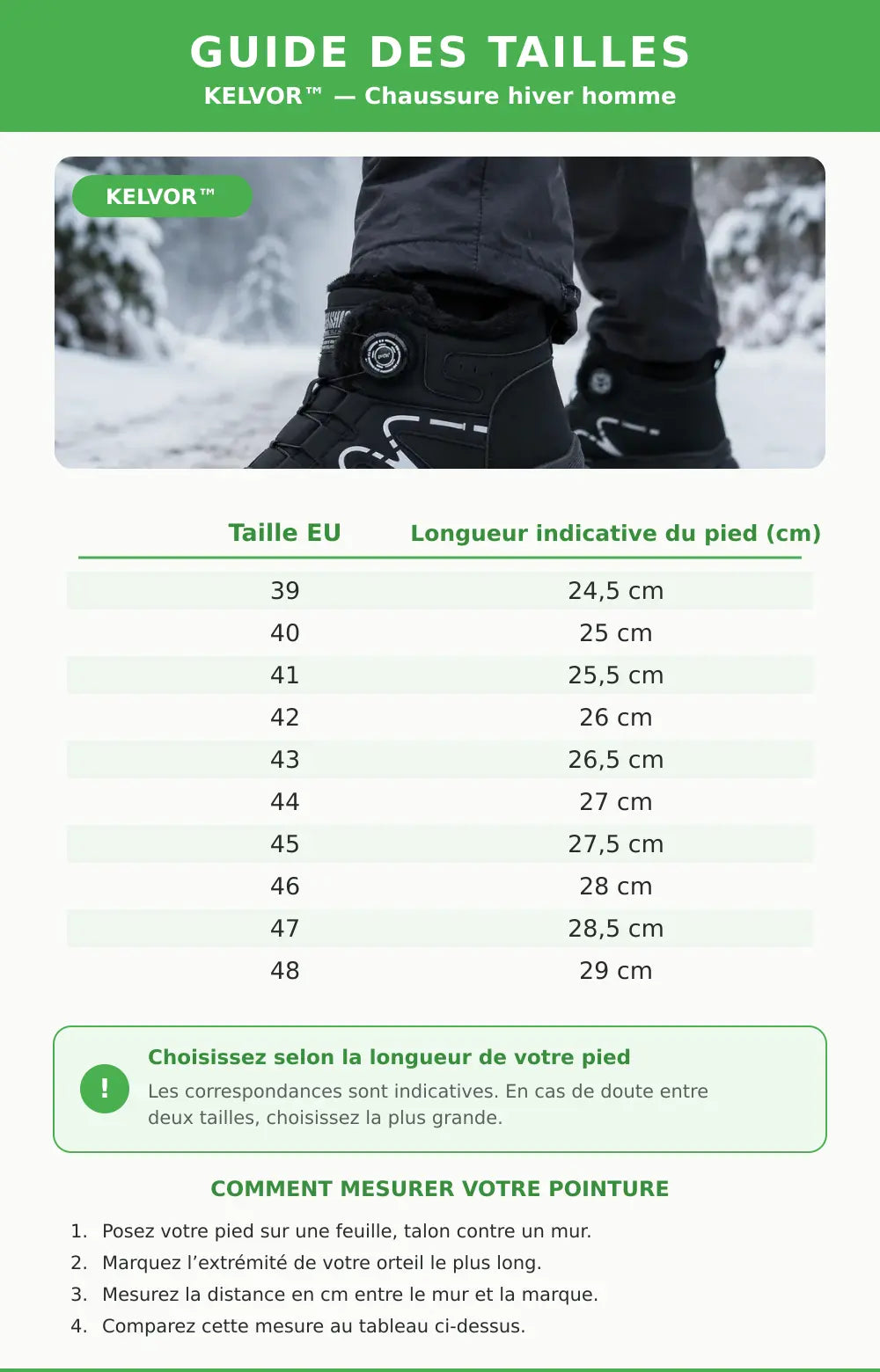Guide des tailles KELVOR chaussure hiver homme du 39 au 48 Image