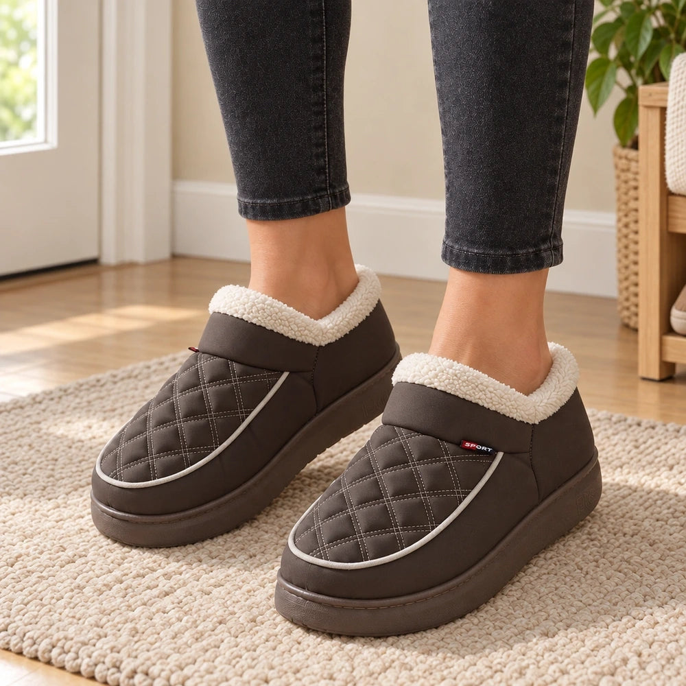 Chaussons MOÉLIA taupe portés à l'entrée d'une maison Image
