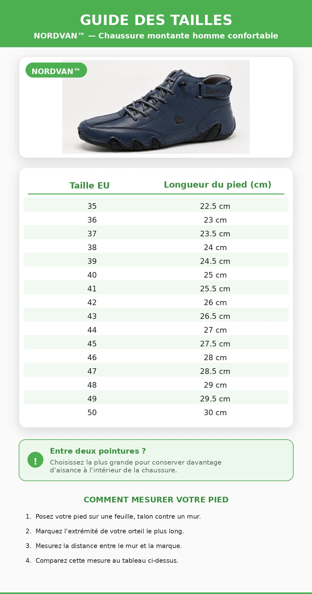 Guide des tailles NORDVAN™ – pointures homme du 35 au 50 Image