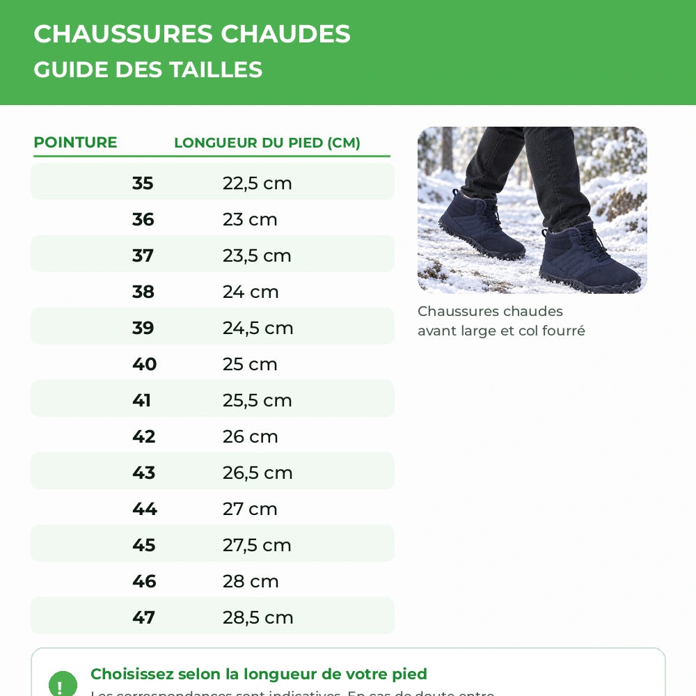 Guide des tailles NORDWEN du 35 au 47 avec longueur indicative du pied en centimètres Image