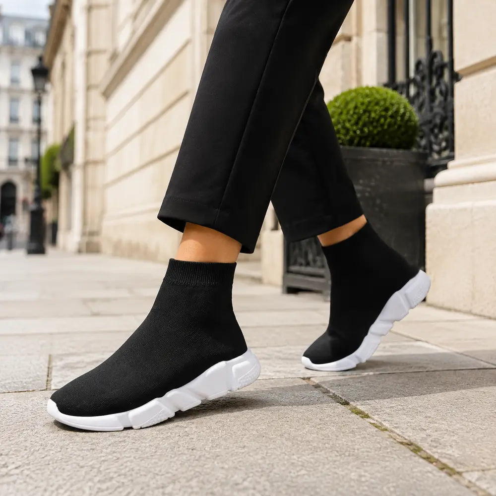 Basket chaussette femme Orthopodys noire sans lacets avec semelle blanche épaisse portée en ville