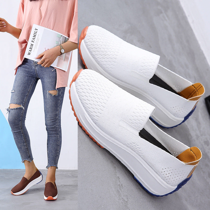 Basket compensée Orthopodys LÉVORIA sans lacets en maille textile blanche, marron et semelle contrastée