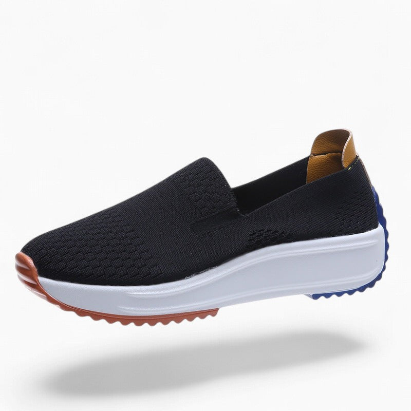 Basket compensée Orthopodys LÉVORIA sans lacets en maille textile noire avec semelle blanche et détails colorés