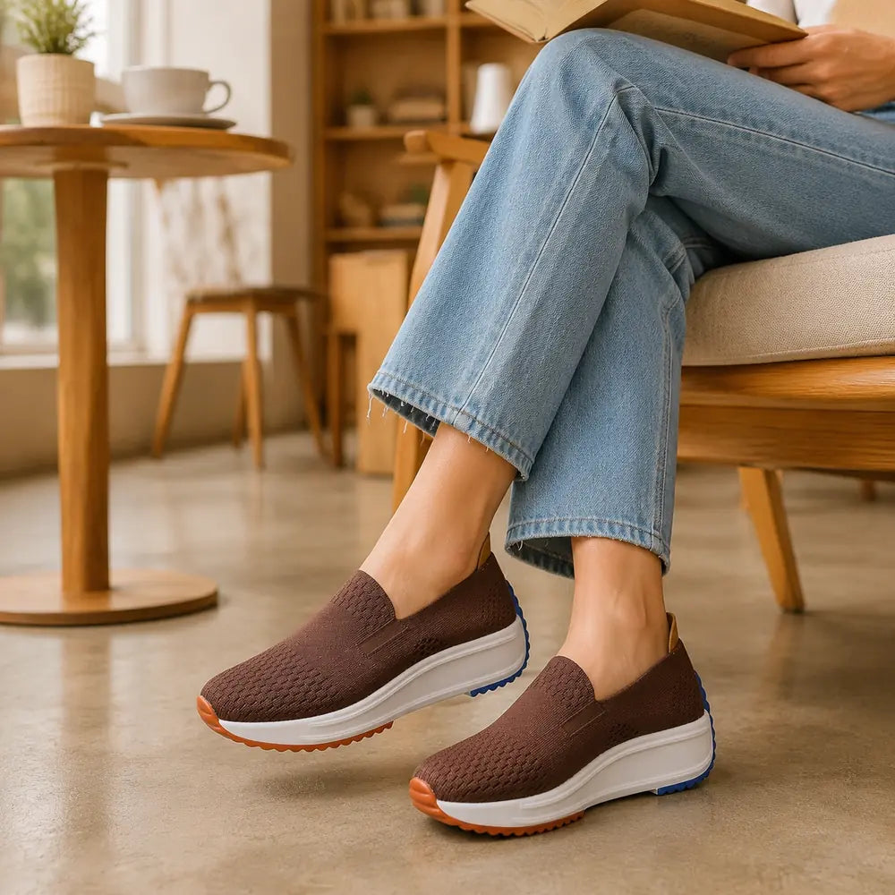 Basket compensée Orthopodys marron sans lacets en maille textile portée avec un jean dans un intérieur lumineux