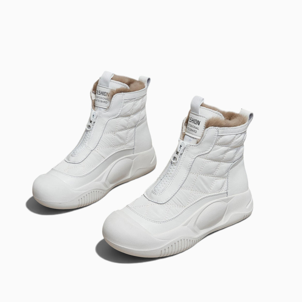 Basket montante fourrée blanche Orthopodys pour femme avec tige matelassée, fermeture zippée et semelle épaisse