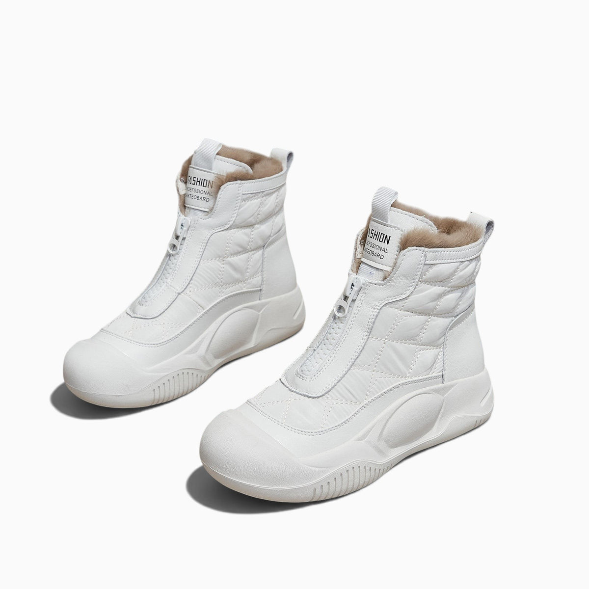 Basket montante fourrée blanche Orthopodys pour femme avec tige matelassée, fermeture zippée et semelle épaisse