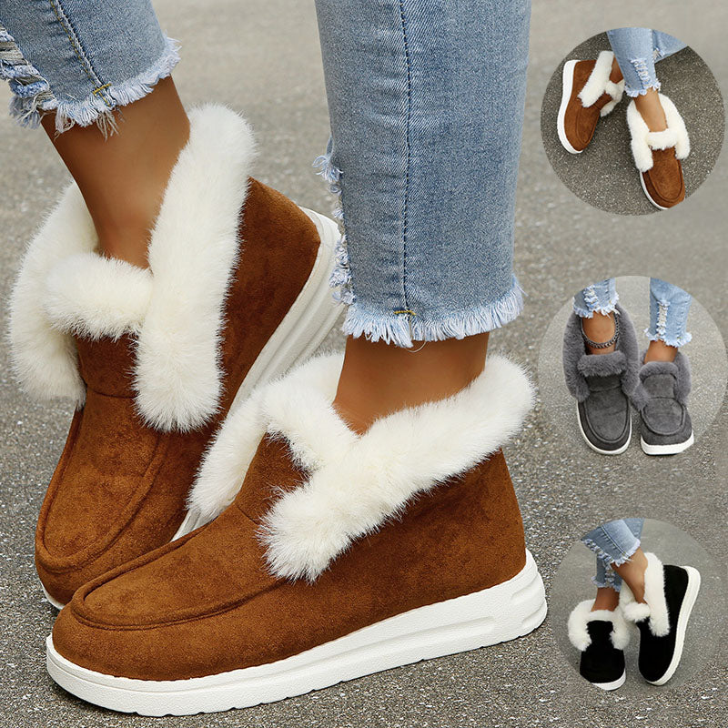 Boots fourrées femme DUVETTA™ Orthopodys en suède marron avec col en peluche blanche et semelle plateforme épaisse