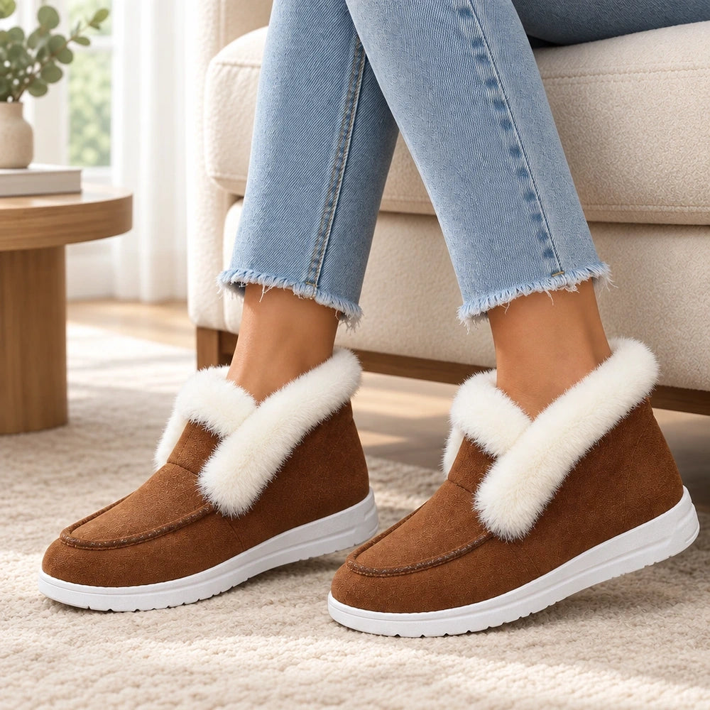 Boots fourrées marron Orthopodys avec col en peluche blanche et semelle plateforme, portées avec un jean bleu