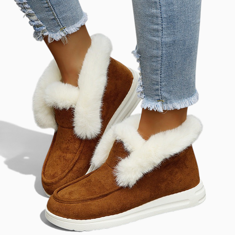 Boots fourrées marron DUVETTA™ Orthopodys avec col en peluche blanche et semelle plateforme pour femme