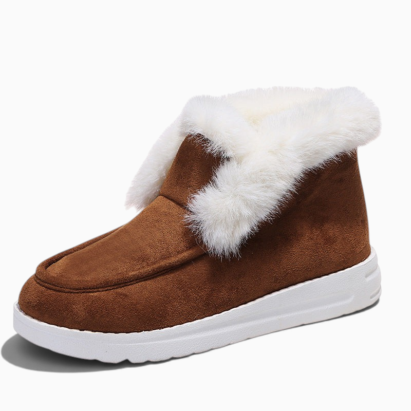 Boots fourrées marron Orthopodys en suède avec col en peluche blanche et semelle plateforme épaisse