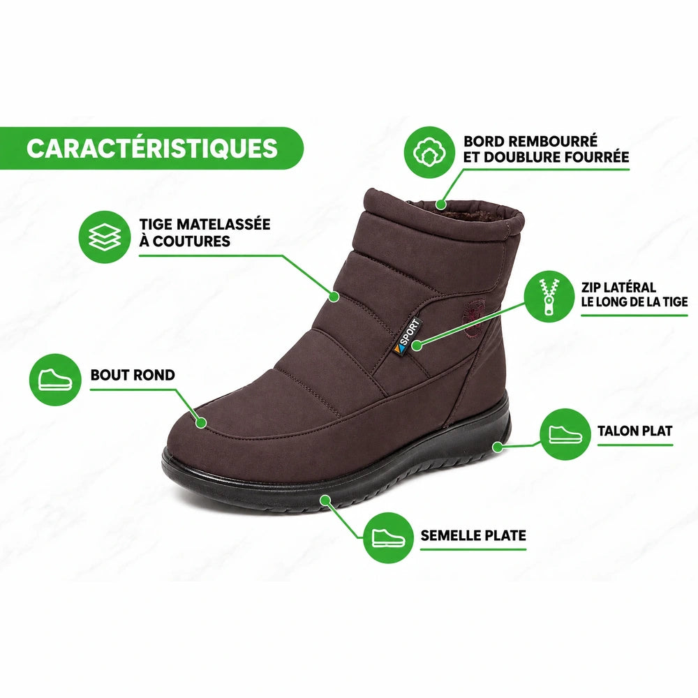 Bottines fourrées imperméables marron Orthopodys avec tige matelassée, zip latéral et semelle plate pour femme