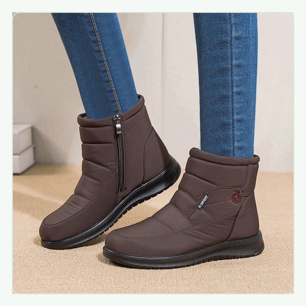 Bottines fourrées imperméables marron Orthopodys pour femme avec tige matelassée, zip latéral et semelle plate