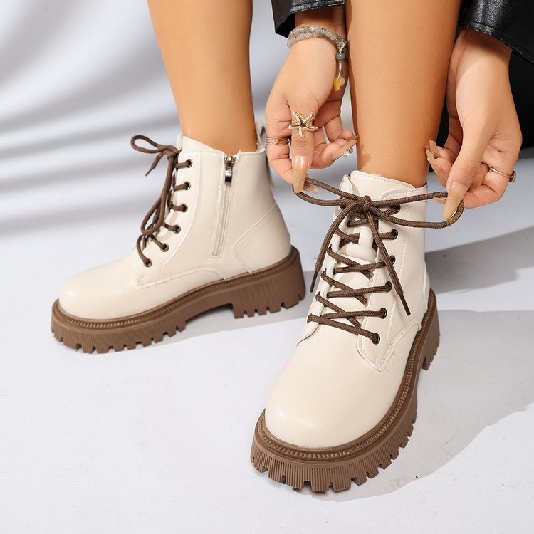 Bottines à lacets beige Orthopodys avec semelle plateforme crantée marron et fermeture éclair latérale
