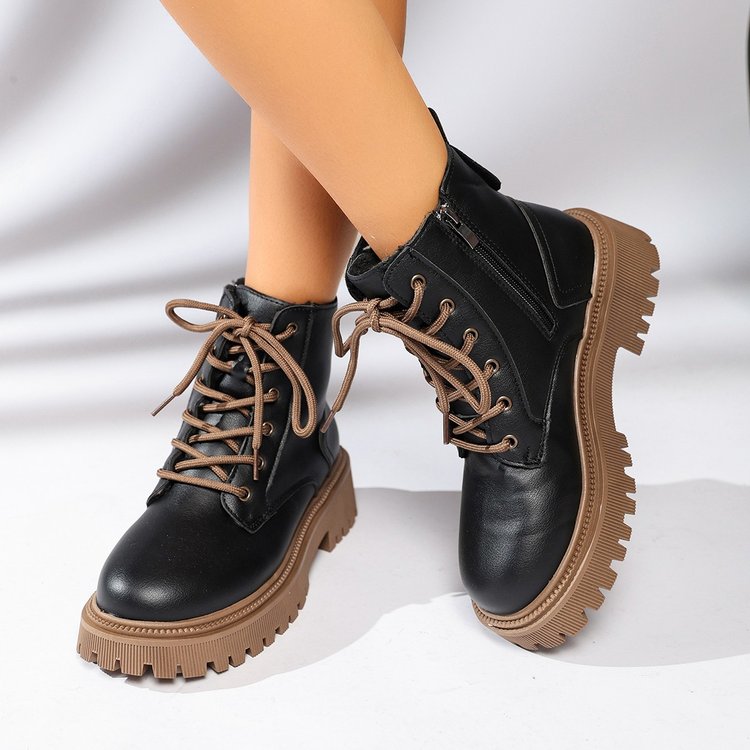 Bottines à lacets Orthopodys noires avec semelle plateforme crantée marron et lacets contrastants pour femme