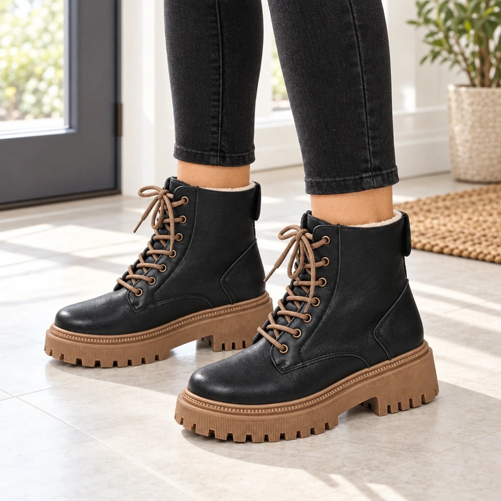 Bottines à lacets noires Orthopodys avec semelle plateforme crantée marron et doublure intérieure claire