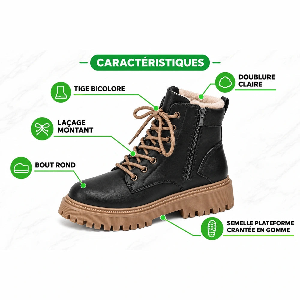 Bottines à lacets noires Orthopodys avec semelle plateforme crantée marron, doublure claire et bout rond