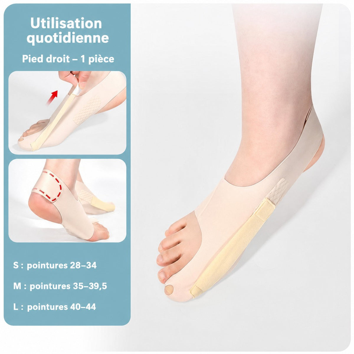 Chaussette hallux valgus Orthopodys beige en nylon et spandex avec bande latérale ajustable pour le pied droit