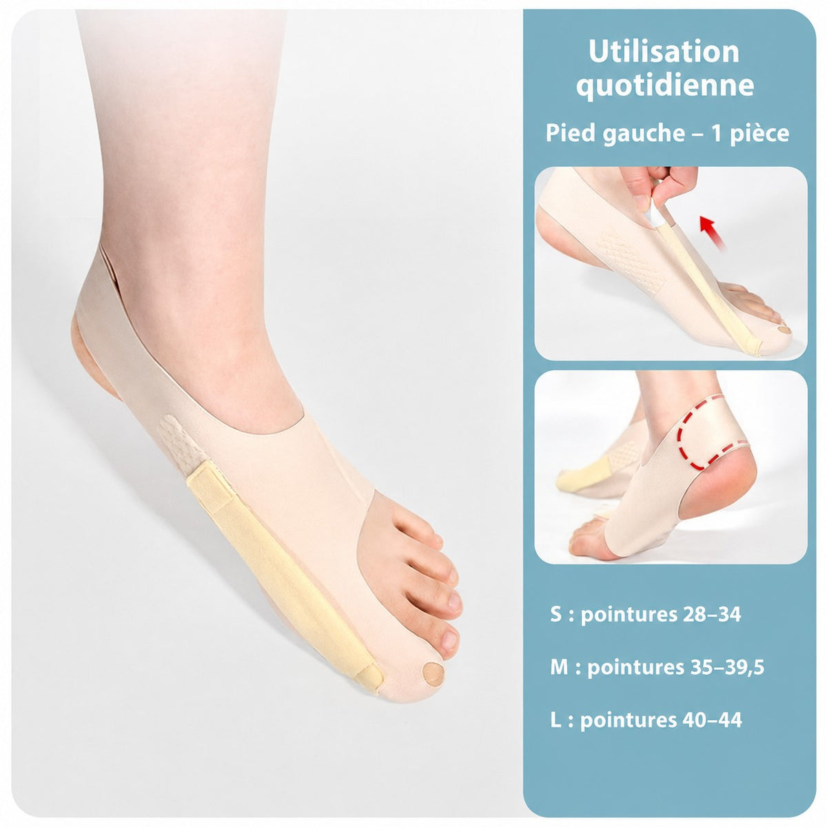 Chaussette hallux valgus Orthopodys beige en nylon et spandex avec bande latérale ajustable pour pied gauche