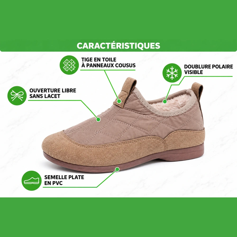 Chaussons d'hiver femme Orthopodys, marque exploitée par AIIBORI (SASU), en toile beige avec doublure polaire chaude.
