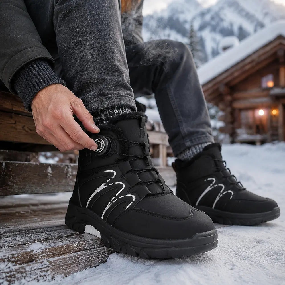 Homme ajustant sa chaussure hiver Orthopodys, marque exploitée par AIIBORI (SASU), noire montante avec serrage rapide.