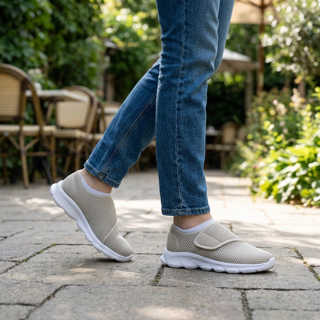 Basket orthopédique Orthopodys LYNORA beige en mesh respirant pour pieds larges portée en extérieur