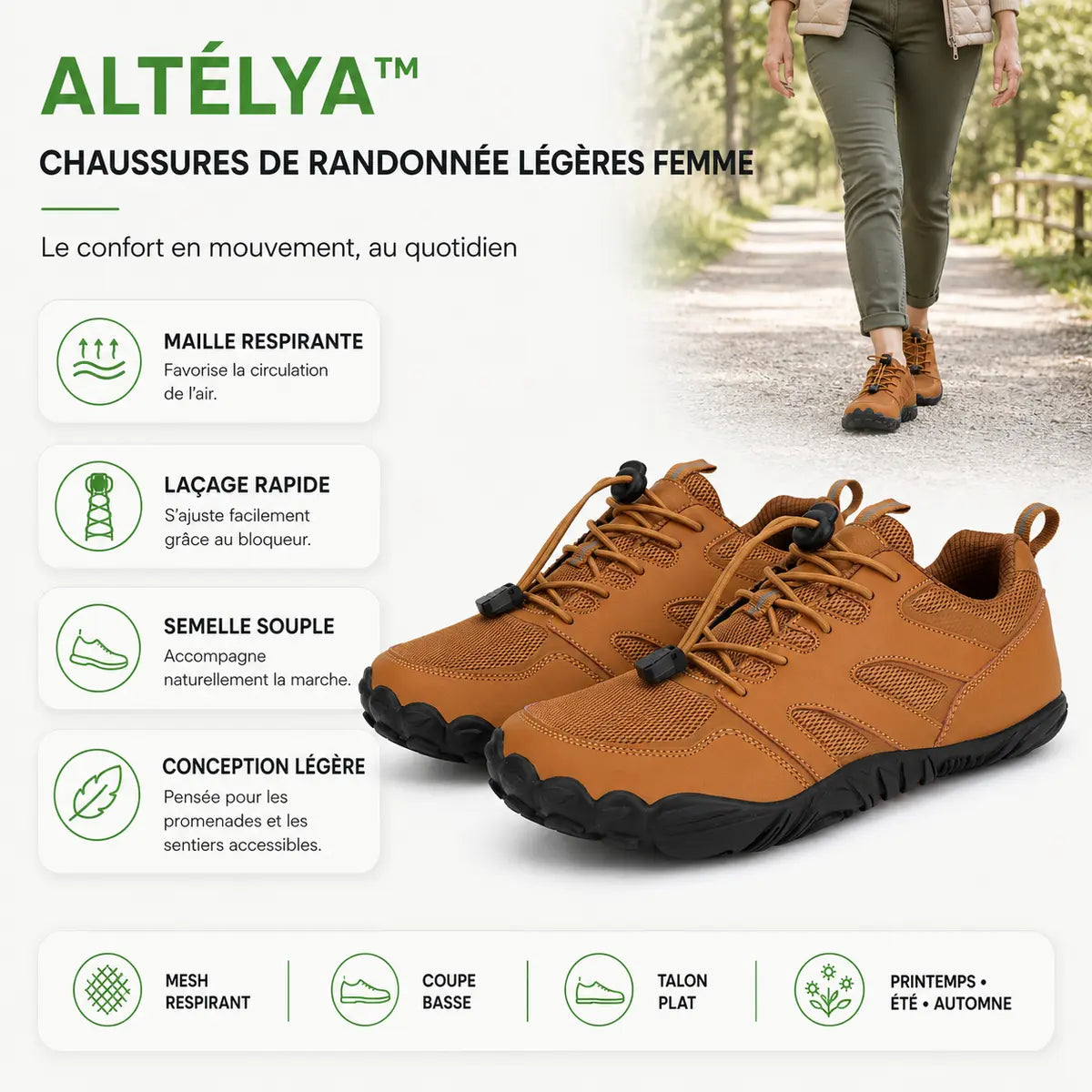 Chaussures de randonnée légères Orthopodys, marque exploitée par AIIBORI (SASU), en mesh marron avec laçage rapide.