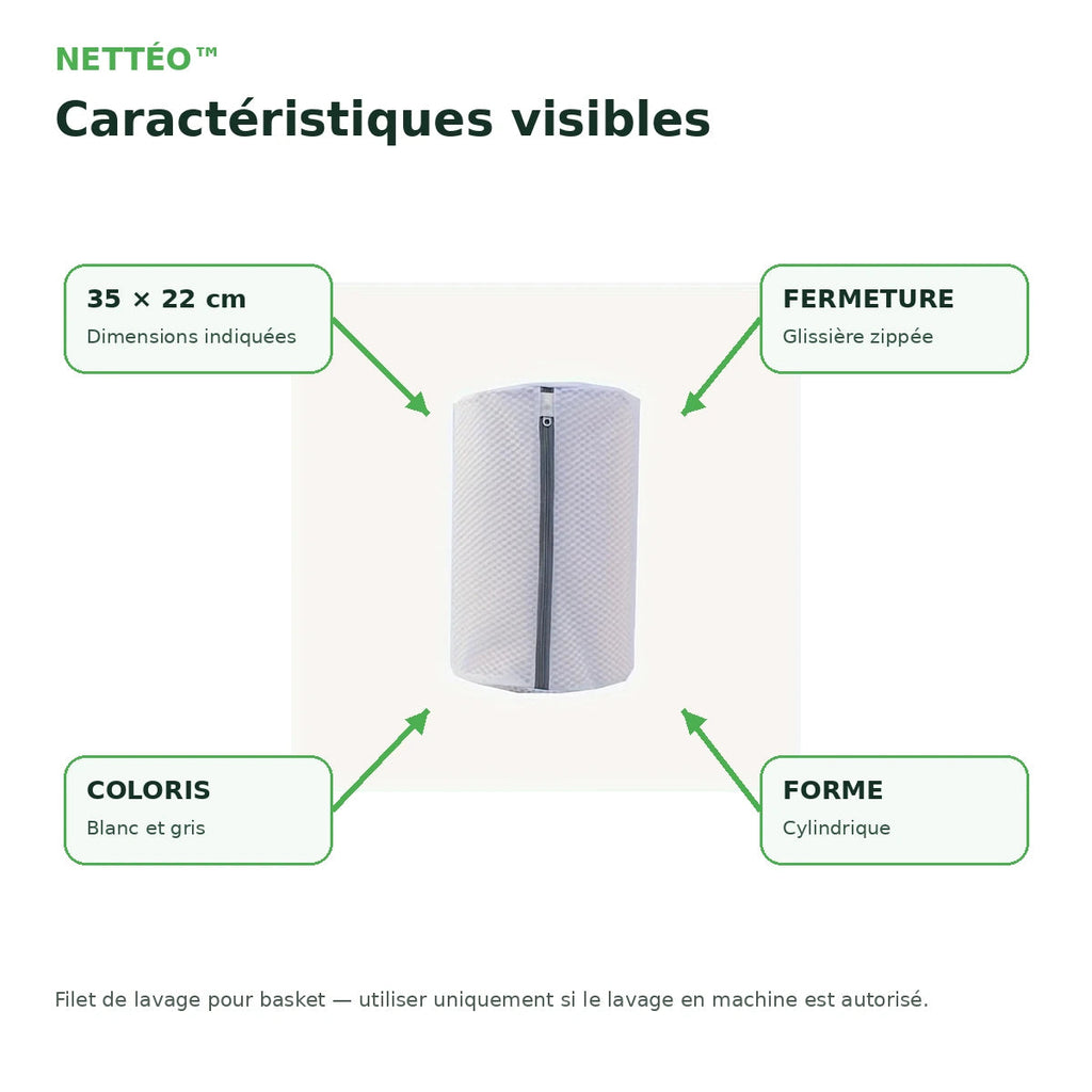 Filet de lavage cylindrique blanc et gris NETTÉO™ par Orthopodys pour baskets, avec fermeture zippée, 35x22 cm.