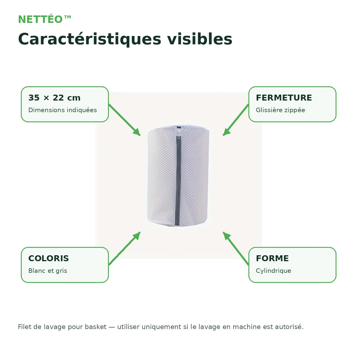 Filet de lavage cylindrique blanc et gris NETTÉO™ par Orthopodys pour baskets, avec fermeture zippée, 35x22 cm.