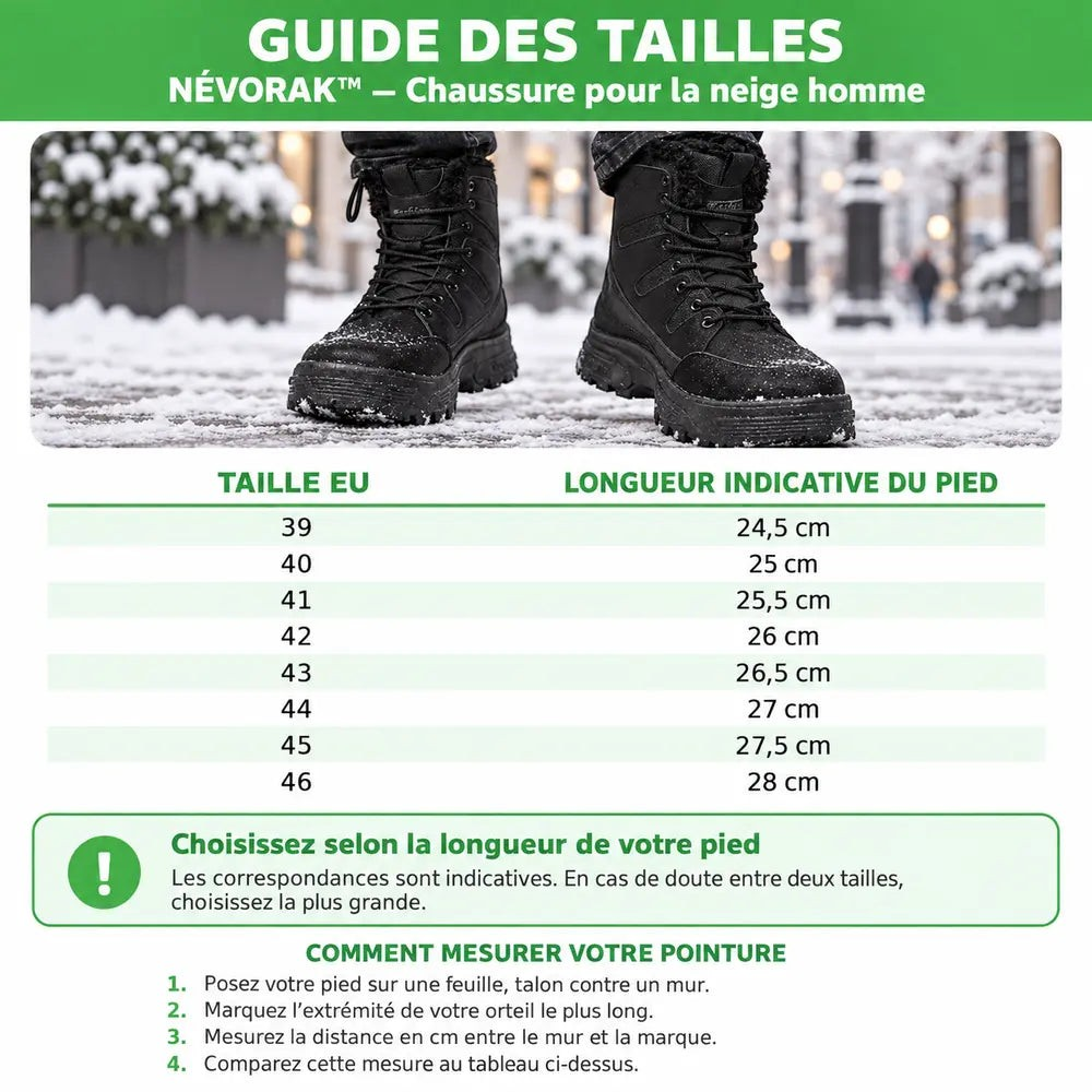 Guide des tailles Orthopodys pour les bottes de neige homme NÉVORAK noires imperméables avec semelle crantée.