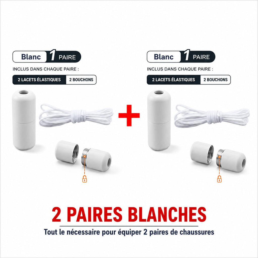 Deux paires de lacets élastiques blancs Orthopodys avec fermoirs métalliques pour baskets et chaussures de confort