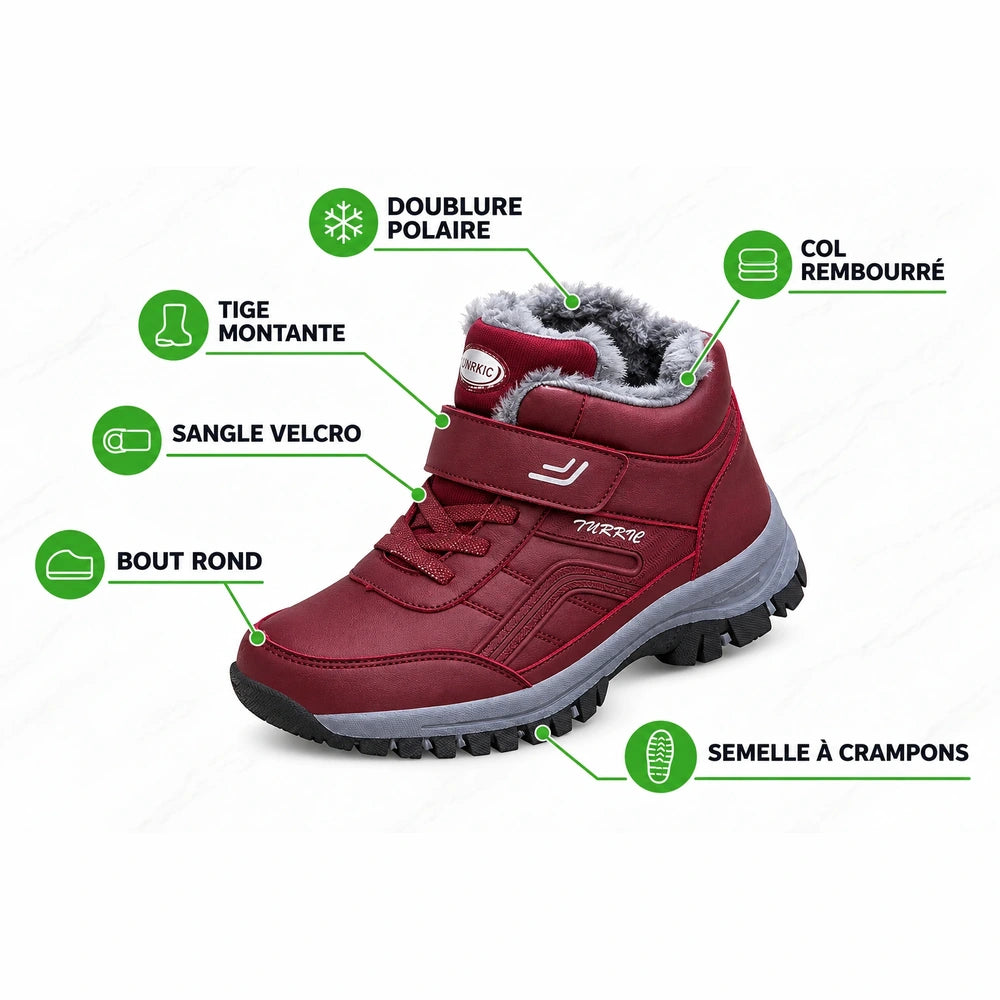 Chaussures fourrées femme Orthopodys, marque exploitée par AIIBORI (SASU) avec doublure polaire et sangle velcro rouge