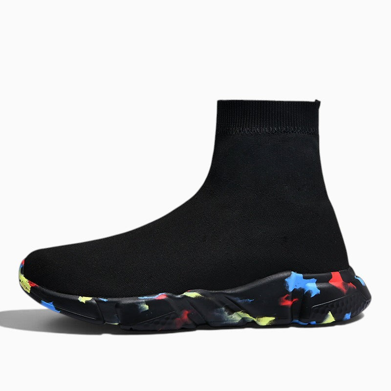 Basket chaussette femme Orthopodys, marque exploitée par AIIBORI (SASU), noire en maille avec semelle multicolore.