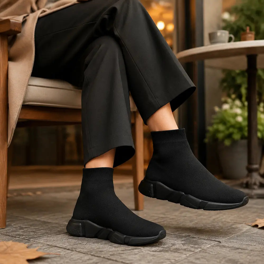 Basket chaussette femme Orthopodys, marque exploitée par AIIBORI (SASU), noire sans lacets avec semelle épaisse