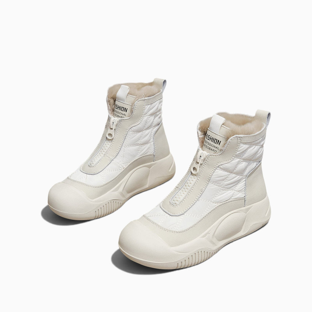 Basket montante fourrée Orthopodys, marque exploitée par AIIBORI (SASU), beige matelassée avec zip frontal et fourrure